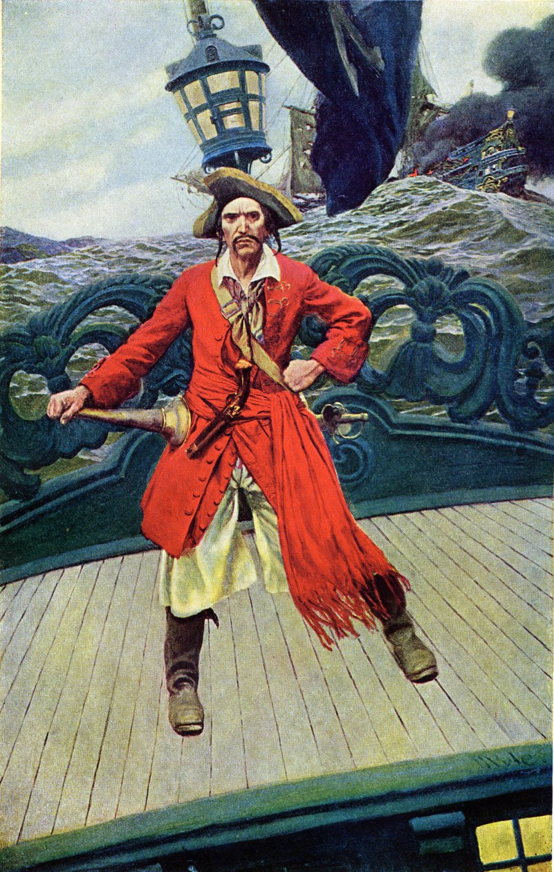 Kaptein Keith på dekket av skipet sitt. Illustrasjon fra "Book of pirates Buccaneers and Marooners of the Spanish Main" av Howard Pyle (1853-1911), amerikansk illustratør av Howard Pyle