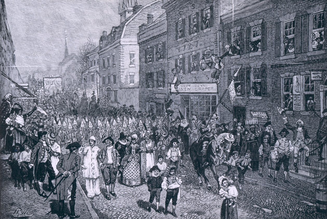 Carnival at Philadelphia, illustrasjon fra 'The Battle of Monmouth Court House' av Benson J. Lossing, pub. i Harper's Magazine, juni 1878 av Howard Pyle