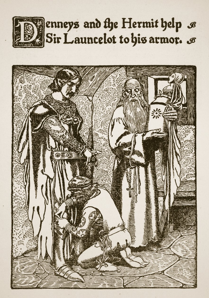 Denneys og eremitten hjelper Sir Launcelot til rustningen hans, illustrasjon fra 