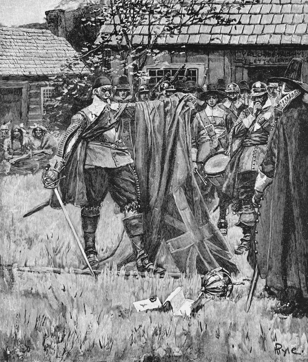 Endicott Cutting the Cross out of the English Flag, illustrasjon fra 'An English Nation' av Thomas Wentworth Higginson, pub. i Harper's Magazine, 1883 av Howard Pyle