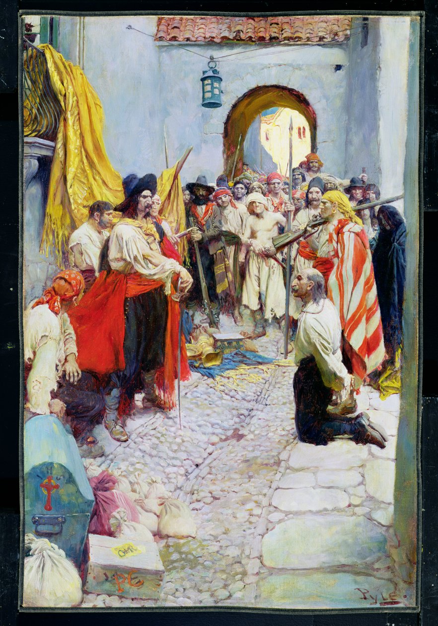 Utpressende hyllest fra innbyggerne, eller The sack of Carthagena, fra 'The Fate of a Treasure Town' av Howard Pyle, publisert i Harper's Monthly Magazine, desember 1905 (olje på lerret) av Howard Pyle