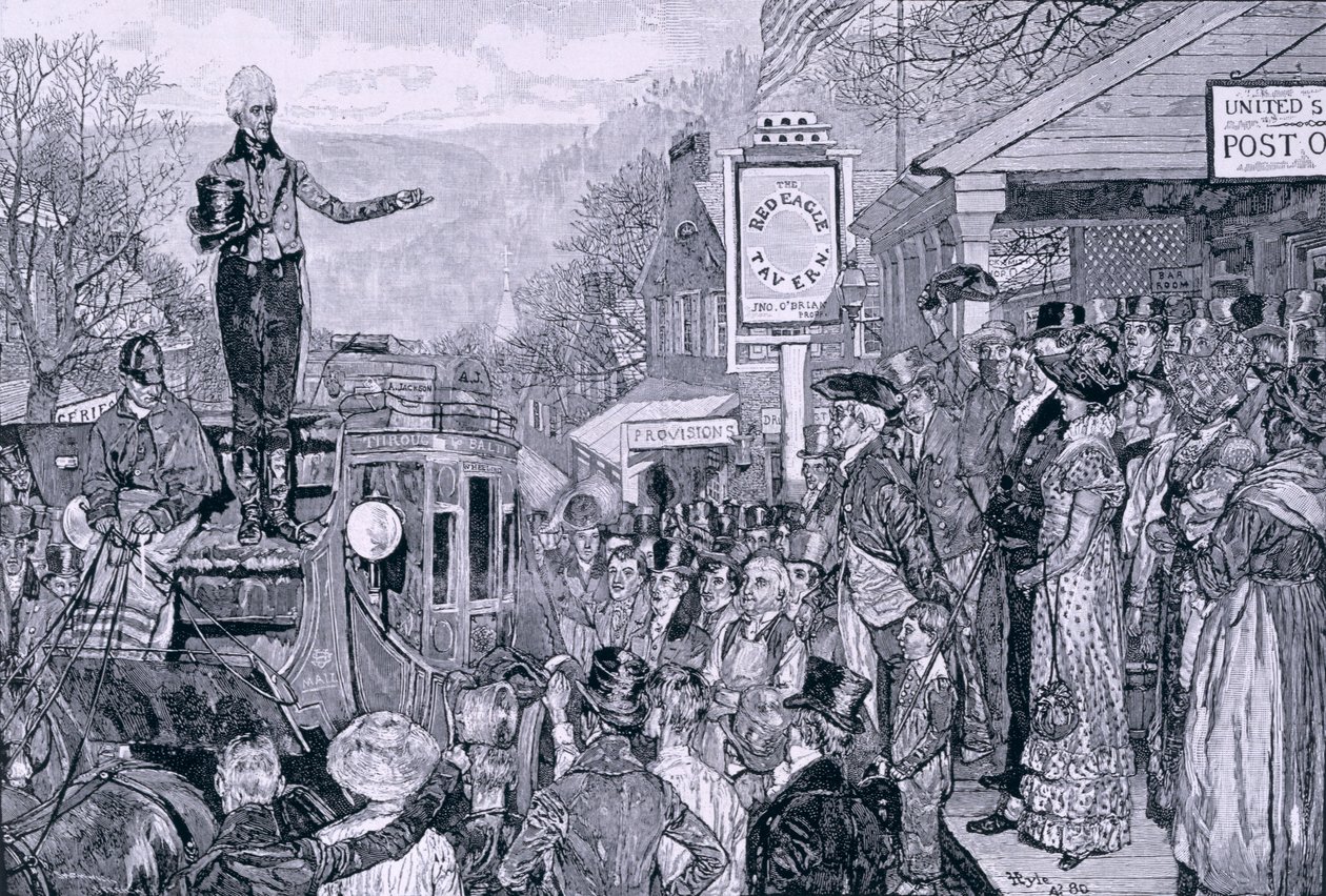 'General Jackson, påtroppende president, på vei til Washington', illustrasjon fra 'A Presidential Progress', pub. i Harper's Weekly, 1881 av Howard Pyle