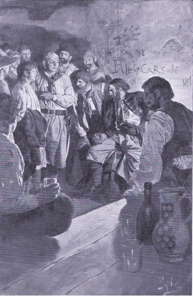Han førte Jack opp til mannen som satt på tønnen, fra Howard Pyles Book of Pirates utgitt av Harper & Bros, 1921 av Howard Pyle