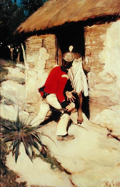 'If I Catch you Here Again You'll Need Someone to Sew You Up', fra 'Sinbad in Burrator' av Arthur Quiller-Couch (1863-1944), utgitt i Scribner's Magazine, august 1902 (olje på lerret) av Howard Pyle
