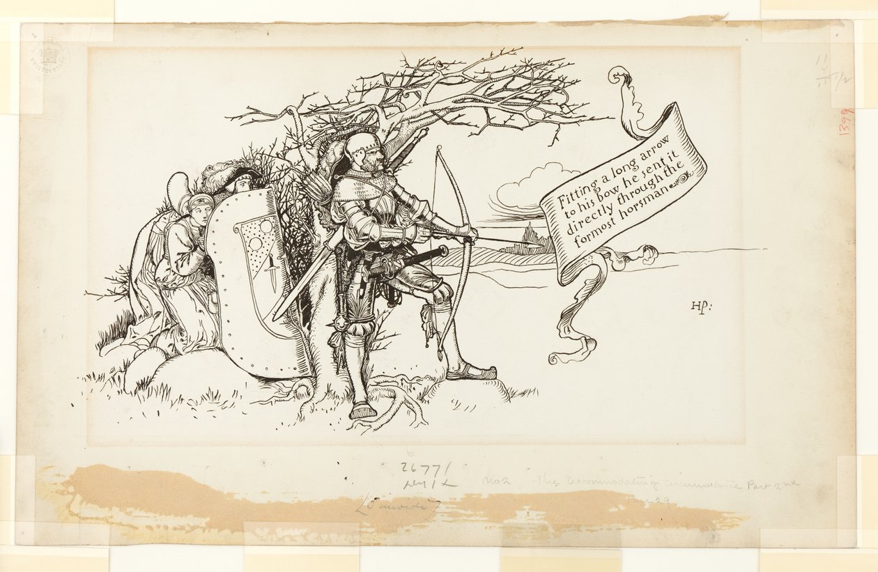 Illustrasjon for The Accommodating Circumstance, II; Han passet en lang pil til buen og sendte den direkte gjennom den fremste rytteren av Howard Pyle
