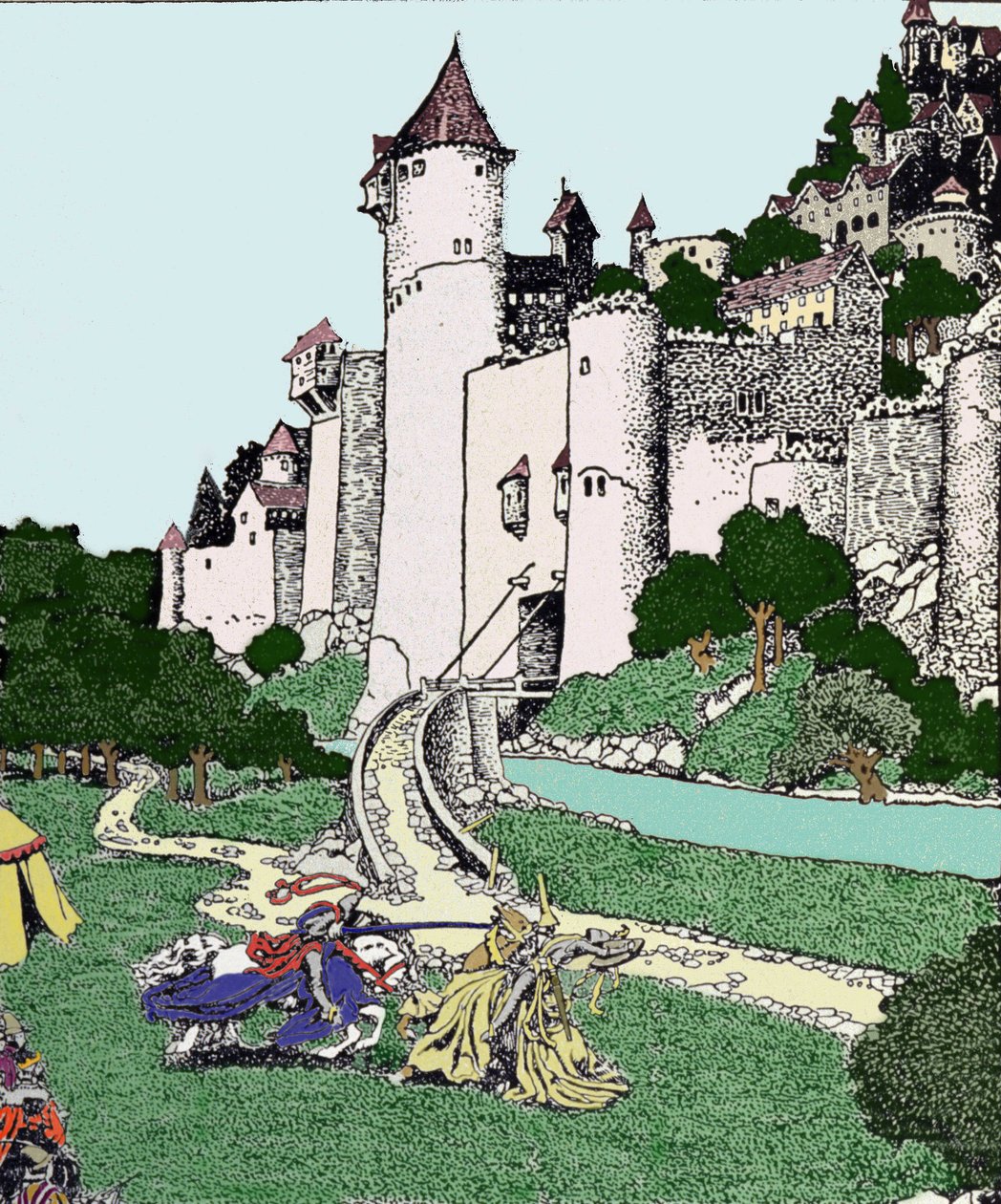 Kong Arthur (Artus) og den svarte ridderen kjemper på gårdsplassen til Camelot. Illustrasjon av Howard Pyle (1853 - 1911), amerikansk illustratør av Howard Pyle