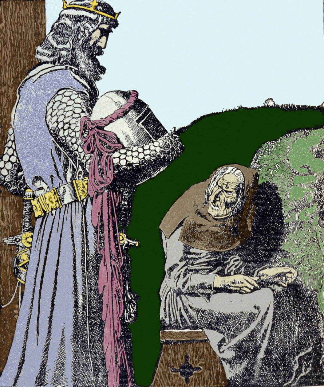 Kong Arthur (Artus) og heksen. Illustrasjon av Howard Pyle (1853 - 1911), amerikansk illustratør. av Howard Pyle