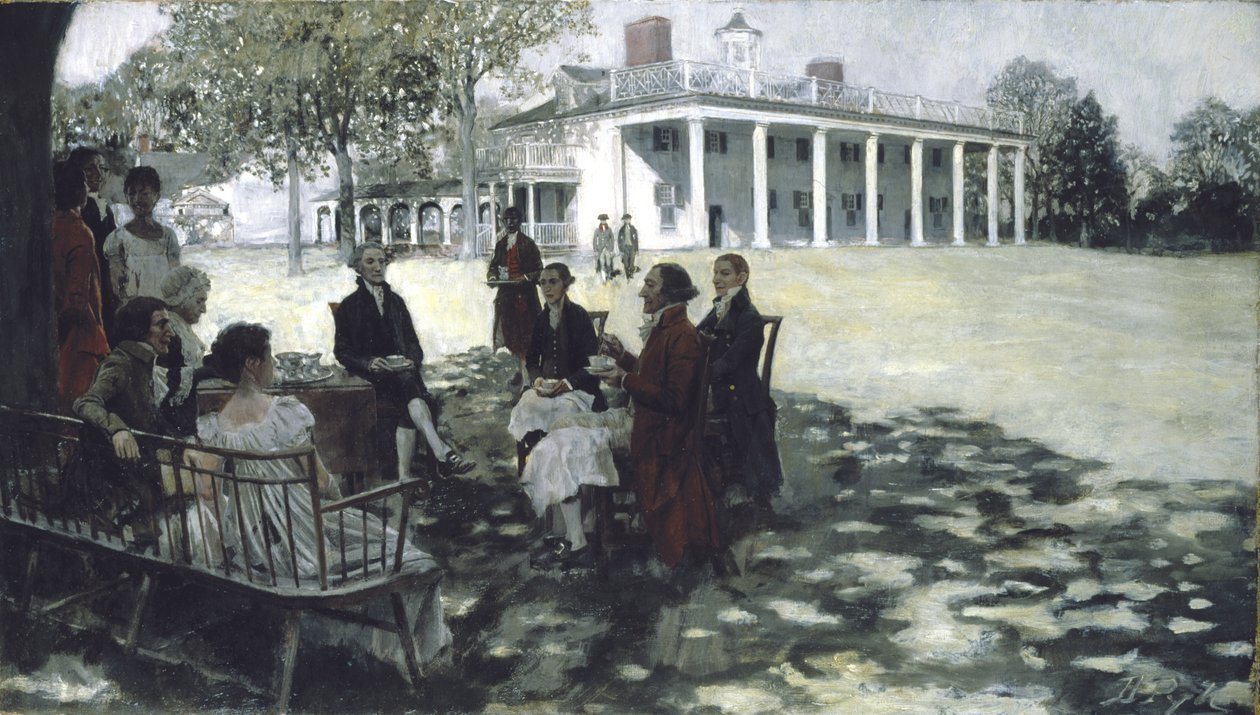 Martha og George Washington underholder vennene sine på plenen til Mount Vernon, 1898 (olje og grisaille på lerret) av Howard Pyle