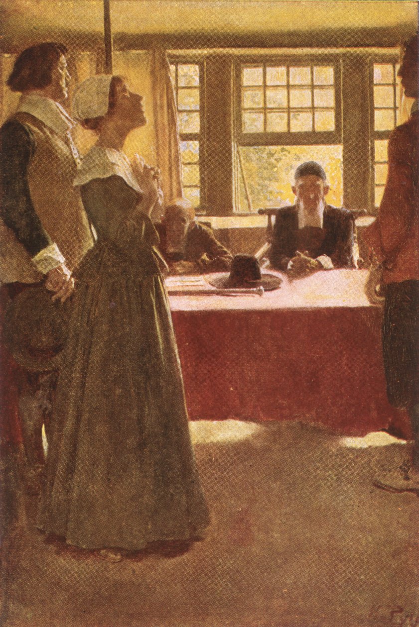 Mary Dyer brakt før guvernør Endicott, illustrasjon fra 
