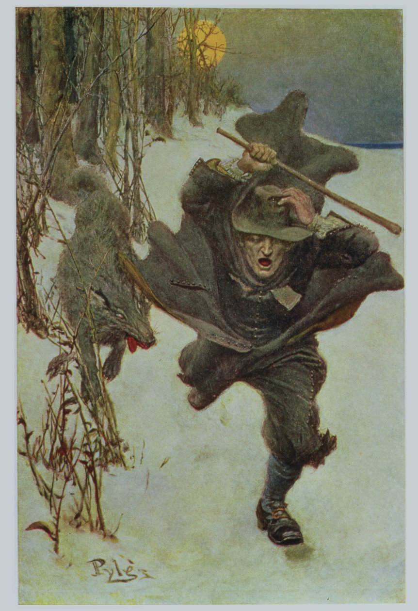 En gang jaget den doktor Wilkinson inn i selve byen, illustrasjon fra "The Salem Wolf" av Howard Pyle, pub. i Harper