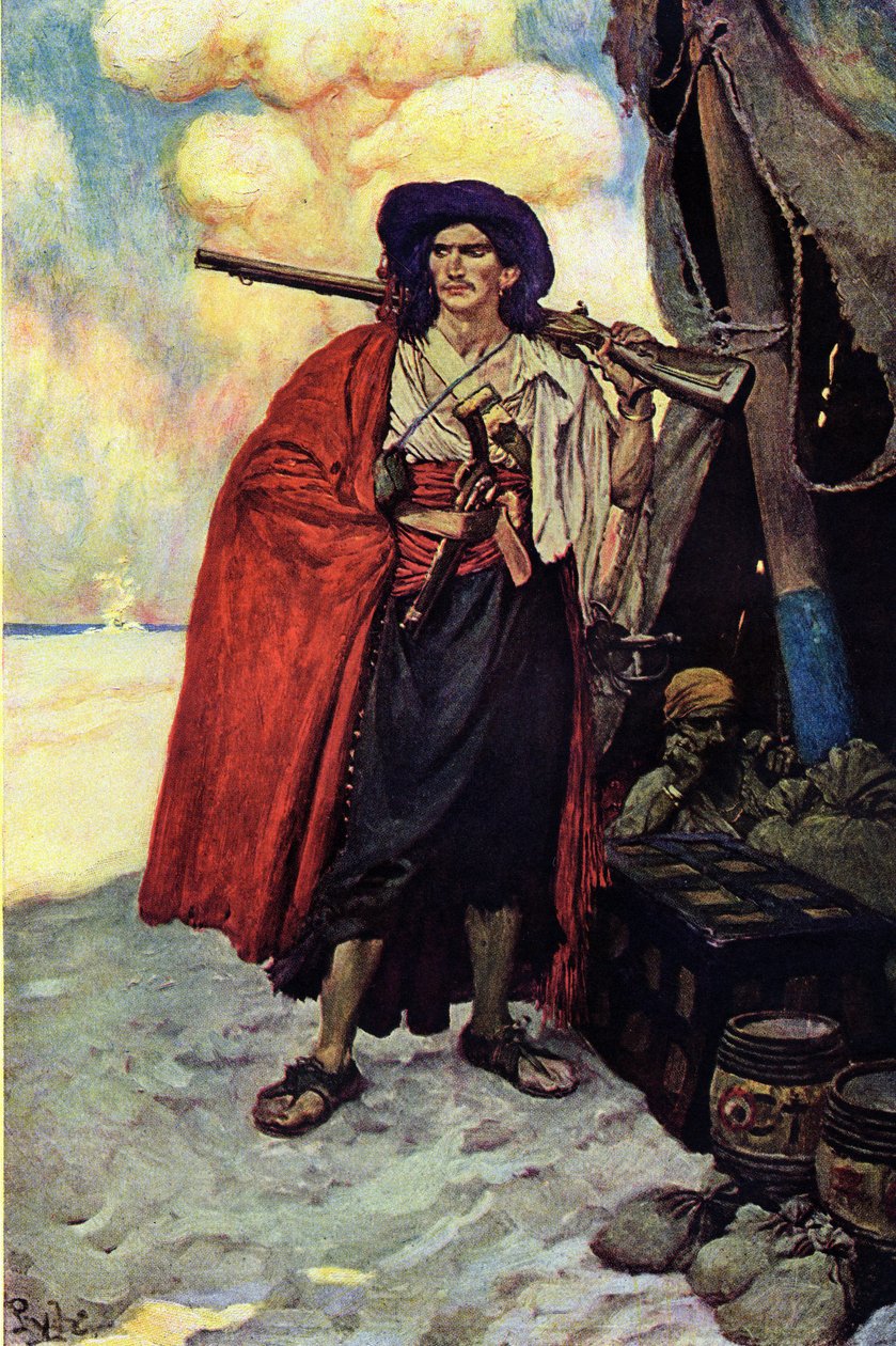 Portrett av en pirat bevæpnet med en rifle. Nær ham skattmesteren og teltet satt opp på øyas ørken. Illustrasjon fra "Book of pirates Buccaneers and Marooners of the Spanish Main" av Howard Pyle (1853-1911), amerikansk illustratør av Howard Pyle
