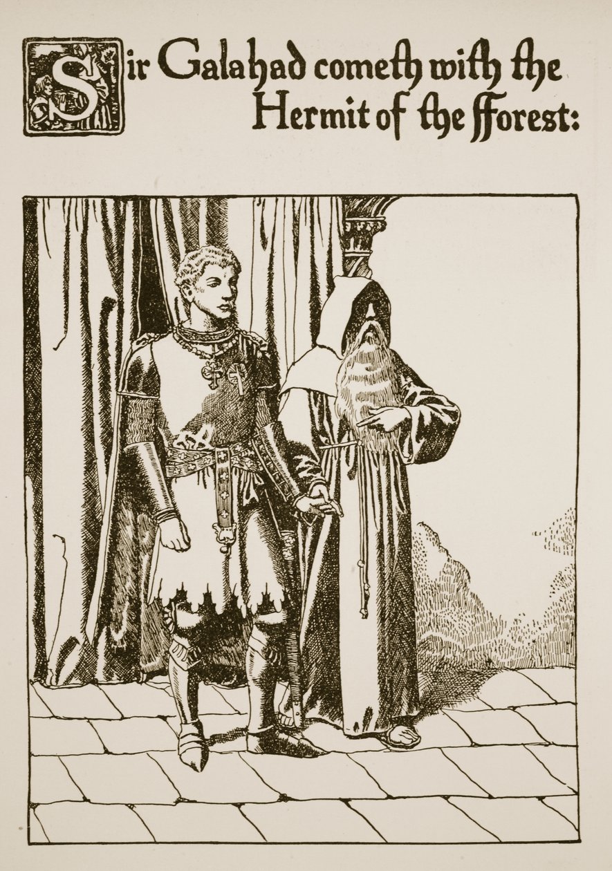 Sir Galahad kommer med skogens eremitt, illustrasjon fra 