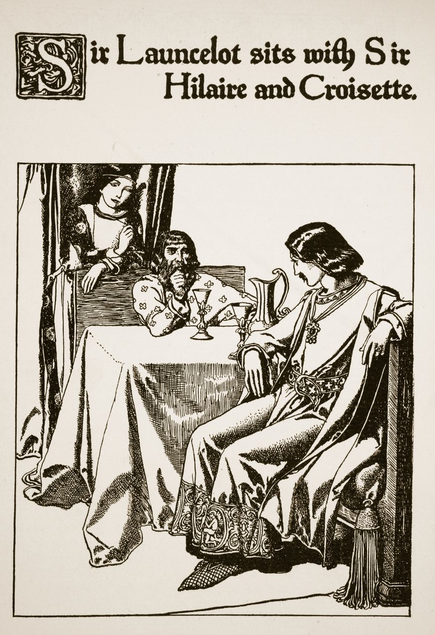 Sir Launcelot sitter sammen med Sir Hilaire og Croisette, illustrasjon fra 'The Story of the Champions of the Round Table' av Howard Pyle