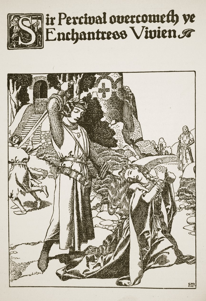 Sir Percival overvinner trollmannen Vivien, illustrasjon fra 