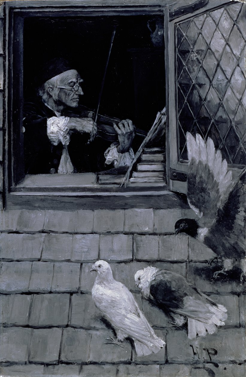 Den gamle fiolinen, 1894 (olje på lerret en grisaille) av Howard Pyle