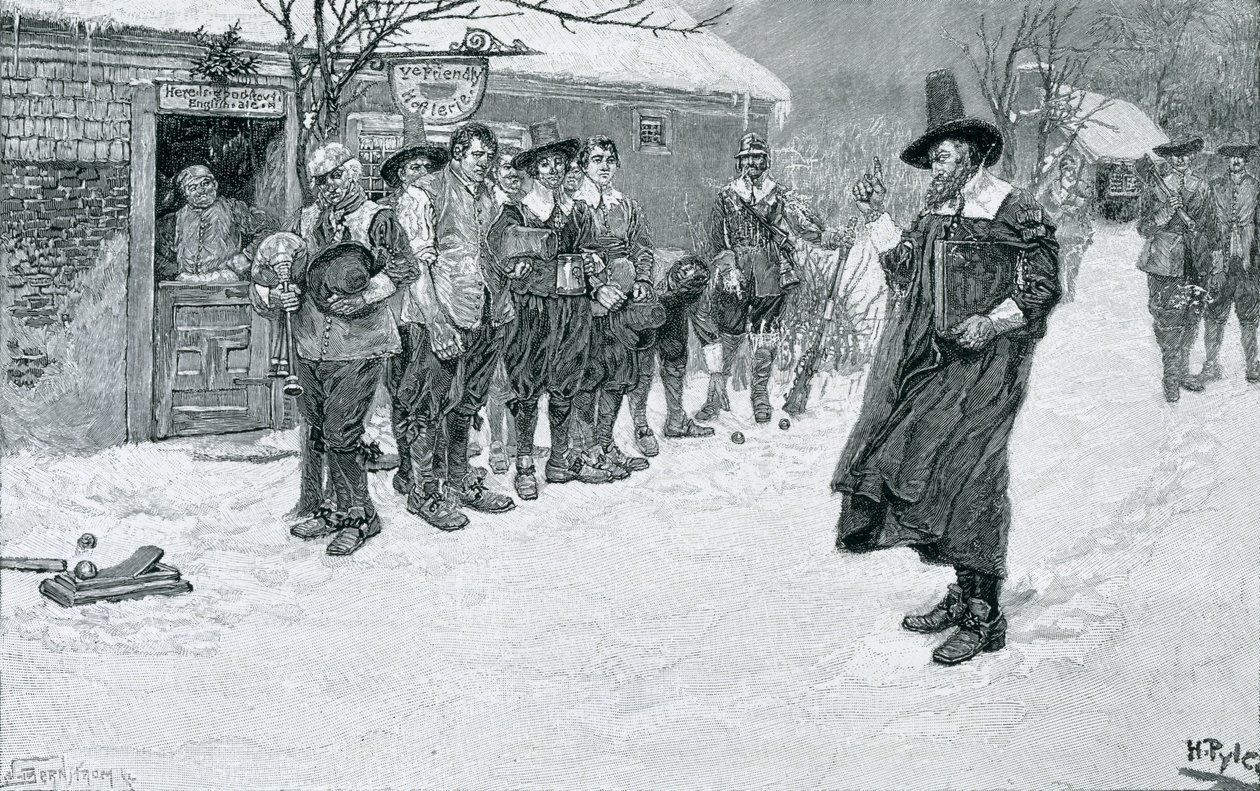 The Puritan Governor Interrupting the Christmas Sports, gravert av J. Bernstrom, illustrasjon fra 