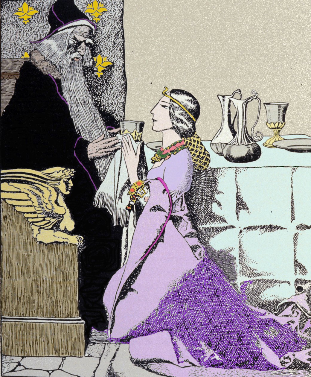 Viviane-avgiften trollbinder Merlin the Enchanter. Illustrasjon av Howard Pyle (1853 - 1911), amerikansk illustratør av Howard Pyle