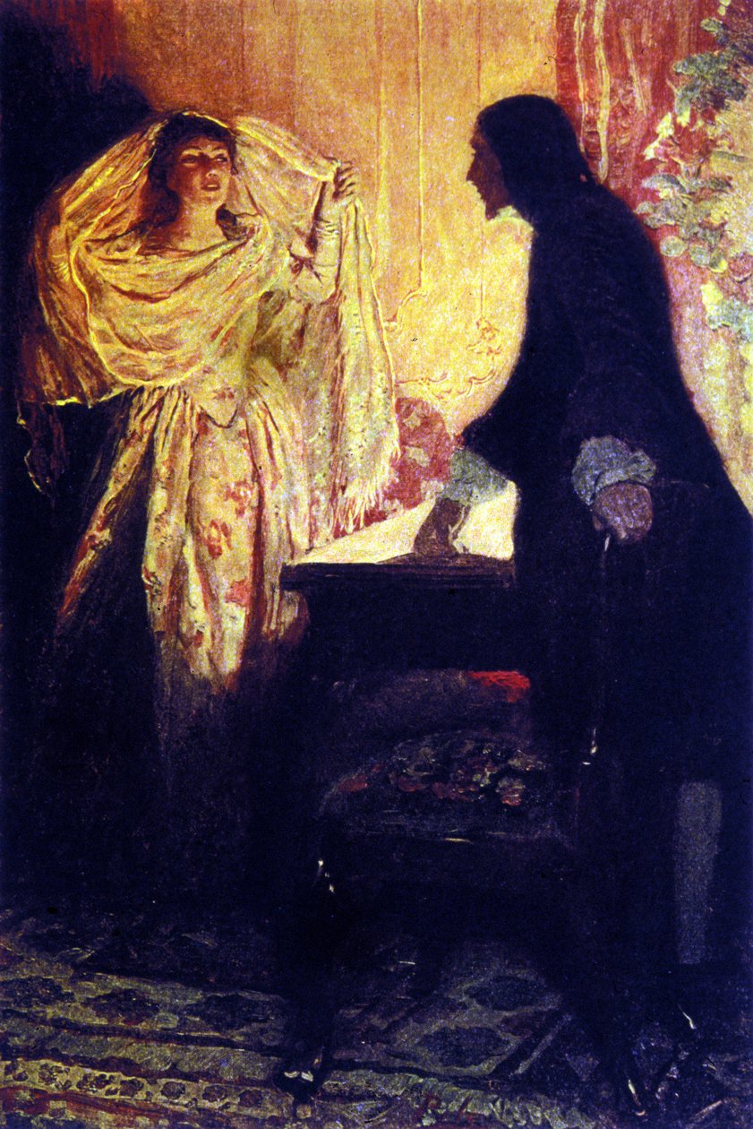 Møtet med kaptein Keiths datter. Illustrasjon fra "Book of pirates Buccaneers and Marooners of the Spanish Main" av Howard Pyle (1853-1911), amerikansk illustratør av Howard Pyle
