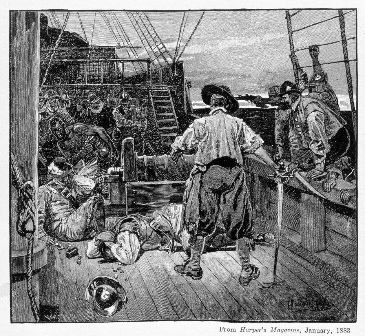 Thomas Moon begynte å legge seg rundt ham med sverdet sitt, gravert av Henry Wolf, fra Harper's Magazine, 1883 av Howard Pyle