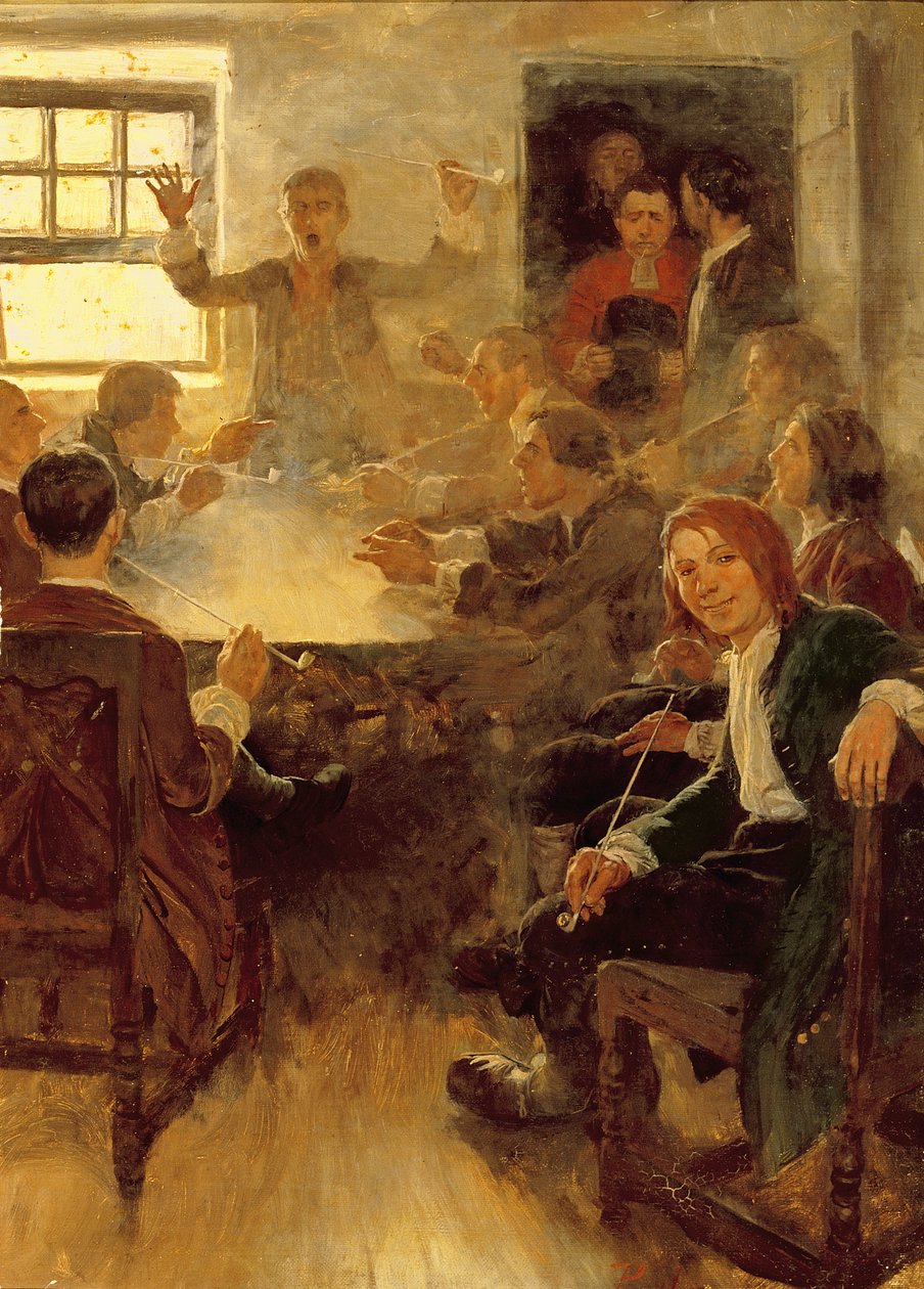 Undergraduate Life i 1679, fra 'Undergraduate Life at Harvard' av Edward S. Martin, publisert i Scribner's Magazine, mai 1897 (olje på lerret) av Howard Pyle