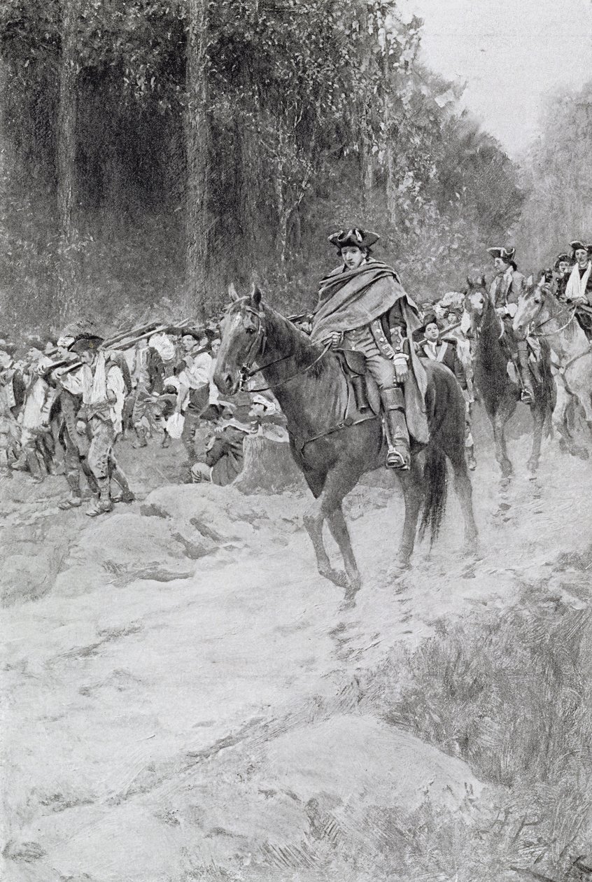 Washington's Retreat from Great Meadows, illustrasjon fra 'Colonel Washington' av Woodrow Wilson, pub. i Harper's Magazine, 1896 av Howard Pyle