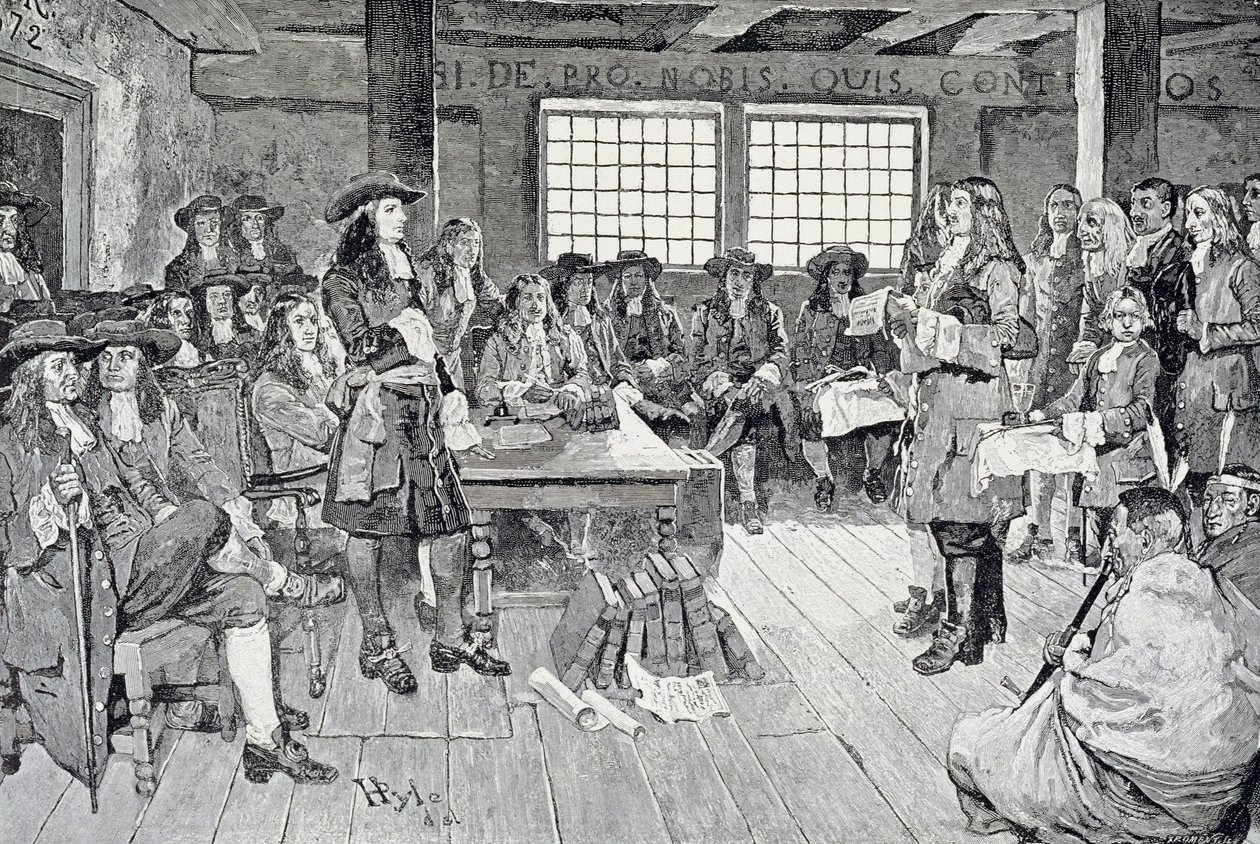 William Penn i konferanse med kolonistene, illustrasjon fra puben "The First Visit of William Penn to America". i Harper