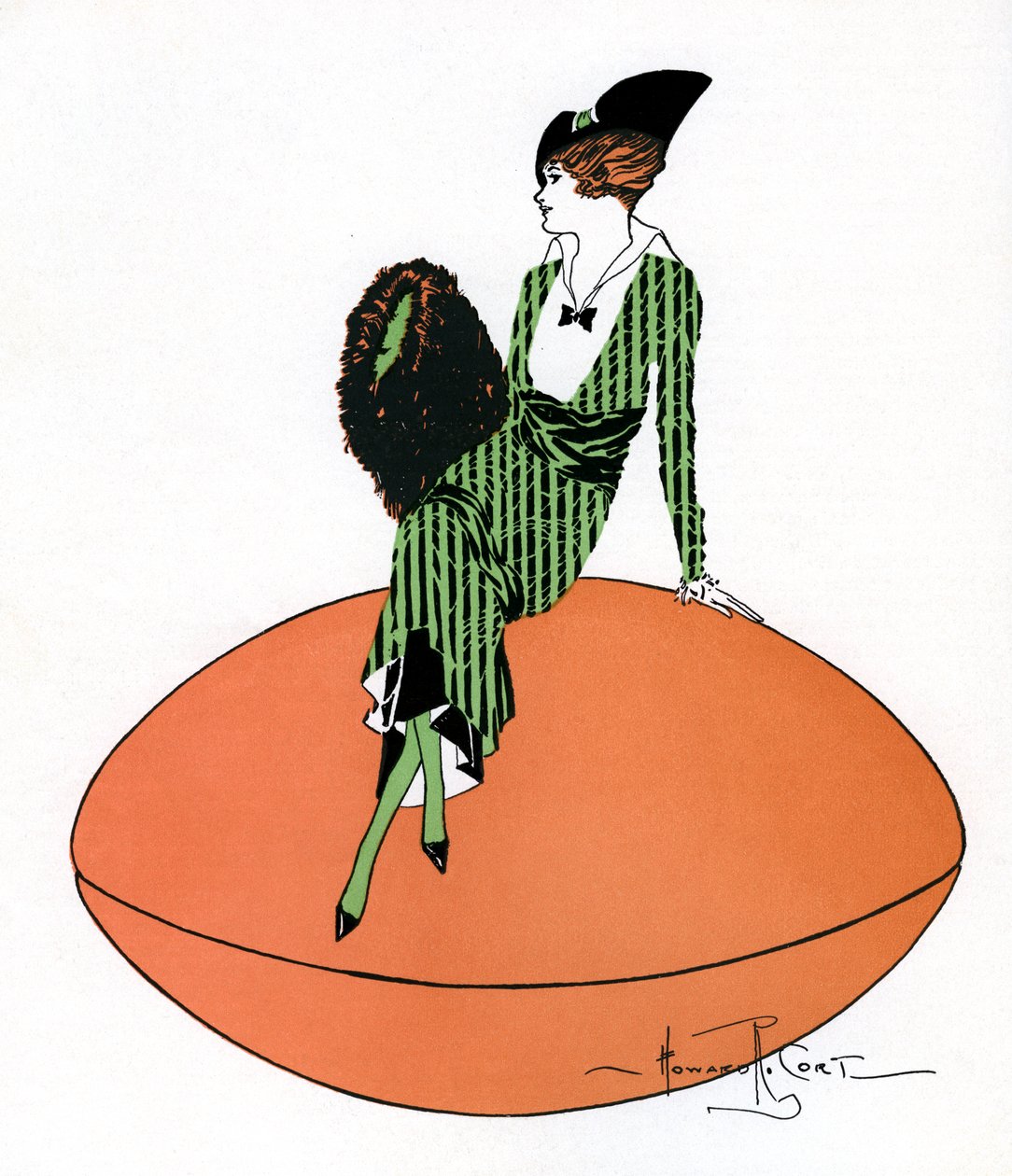 Vintage illustrasjon av Flapper som sitter på kjempefotball av Howard R. Cort