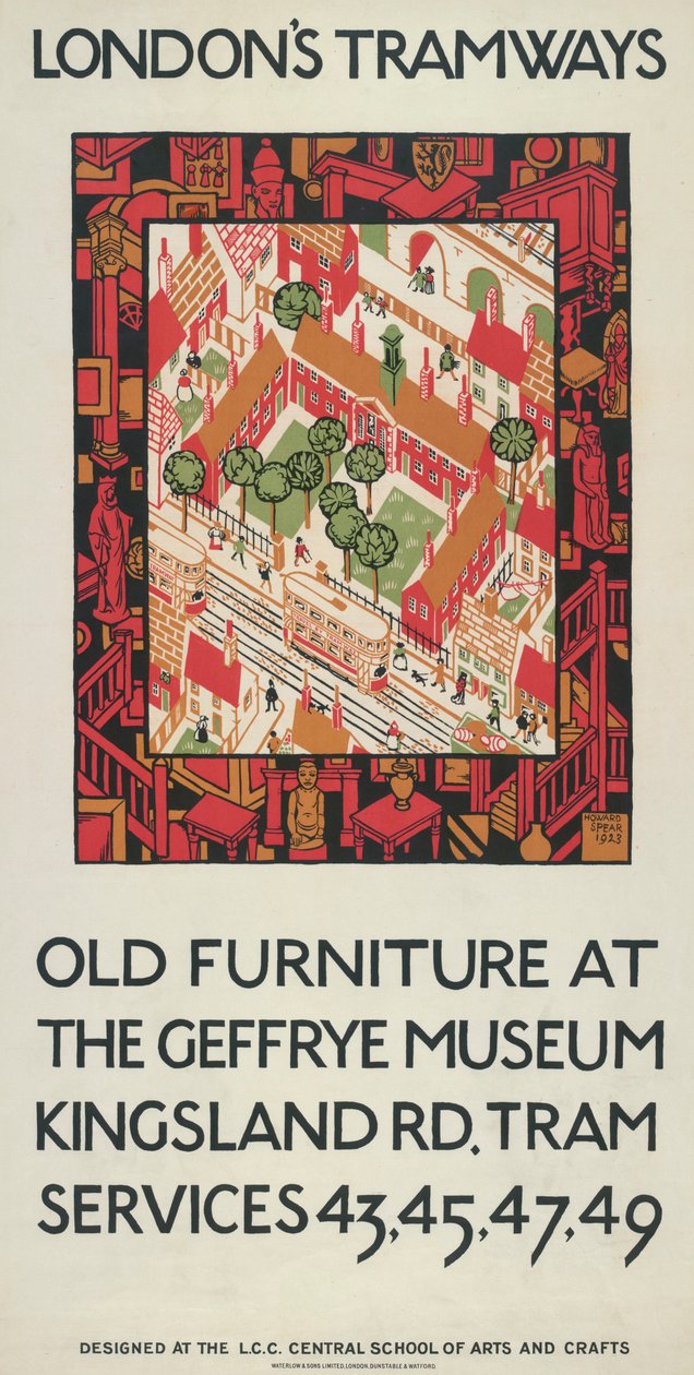 "Gamle møbler på Geffrye Museum", London County Council LCC Tramways-plakat, 1924 av Howard Spear