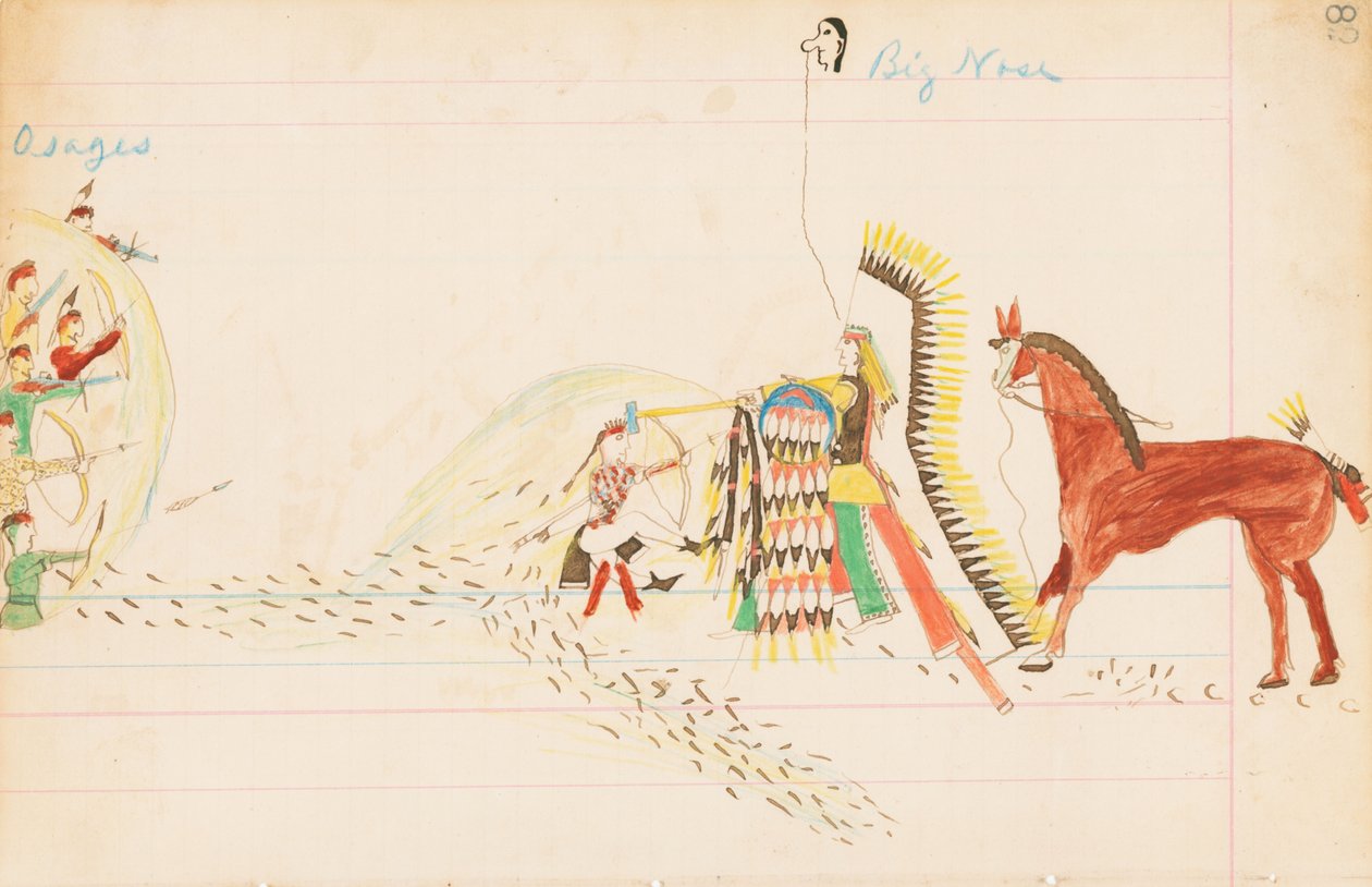 Osages, Big Nose, 1874-75 (penn, blekk og wc på hovedbokpapir) av Howling Wolf