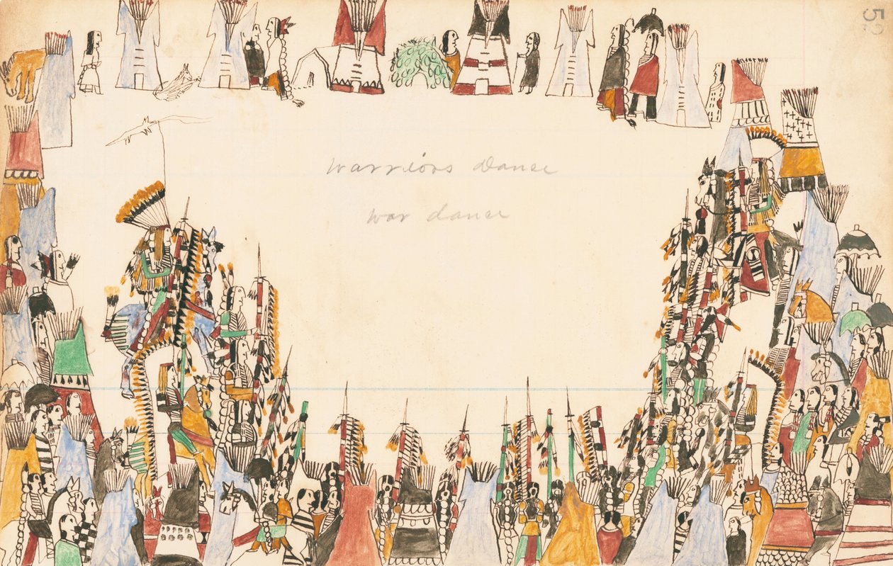 Warriors Dance War Dance, 1874-75 (penn, blekk og wc på hovedbokpapir) av Howling Wolf