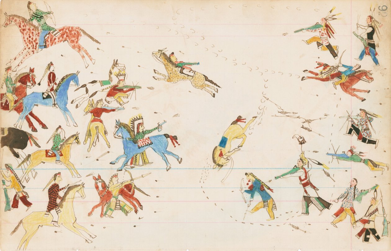 A Battle Between the Crow and Cheyenne Tribes, 1874-75 (penn, blekk og wc på hovedbokpapir) av Howling Wolf
