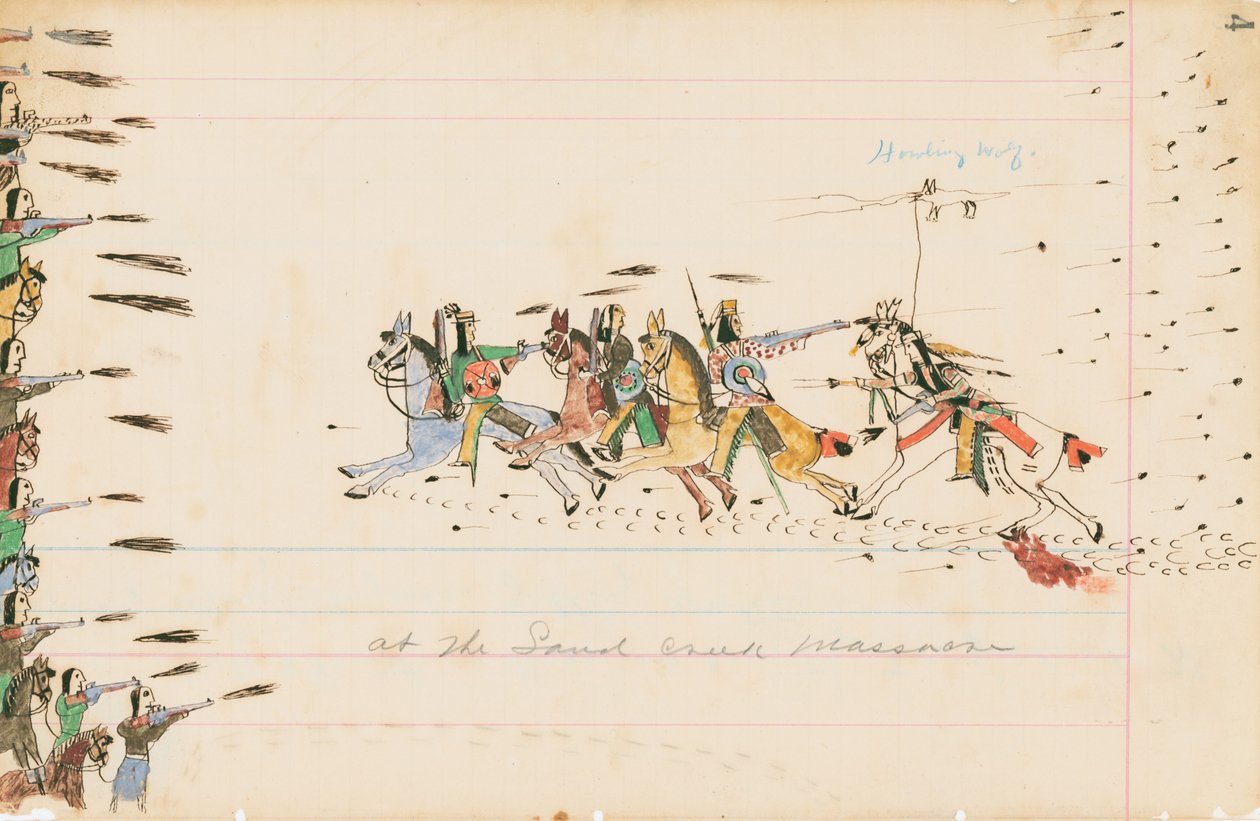 Ved Sand Creek Massacre, 1874-75 (penn, blekk og wc på hovedbokpapir) av Howling Wolf