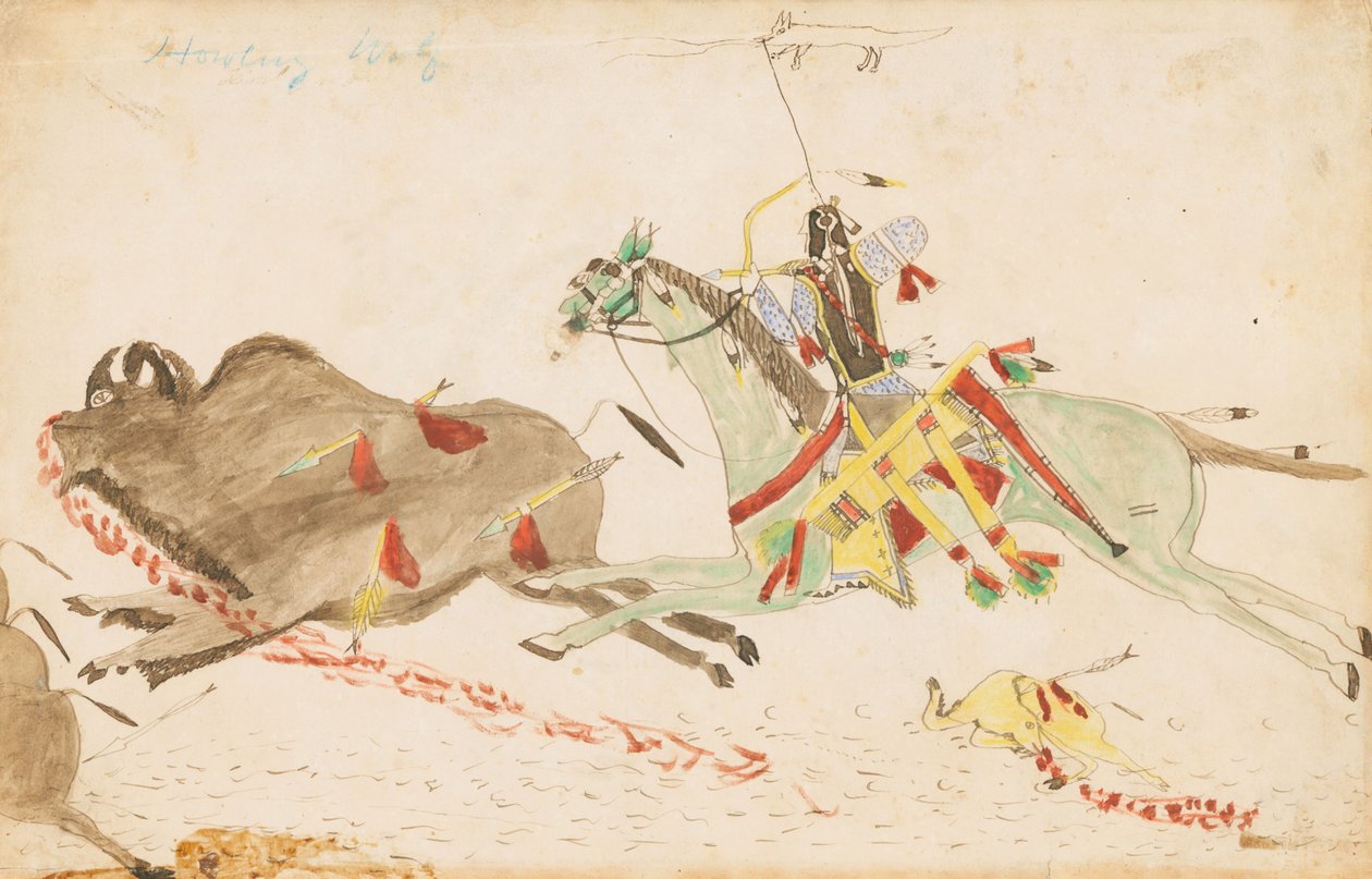 Howling Wolf Hunting Buffalo, 1874-75 (penn, blekk og wc på hovedbokpapir) av Howling Wolf