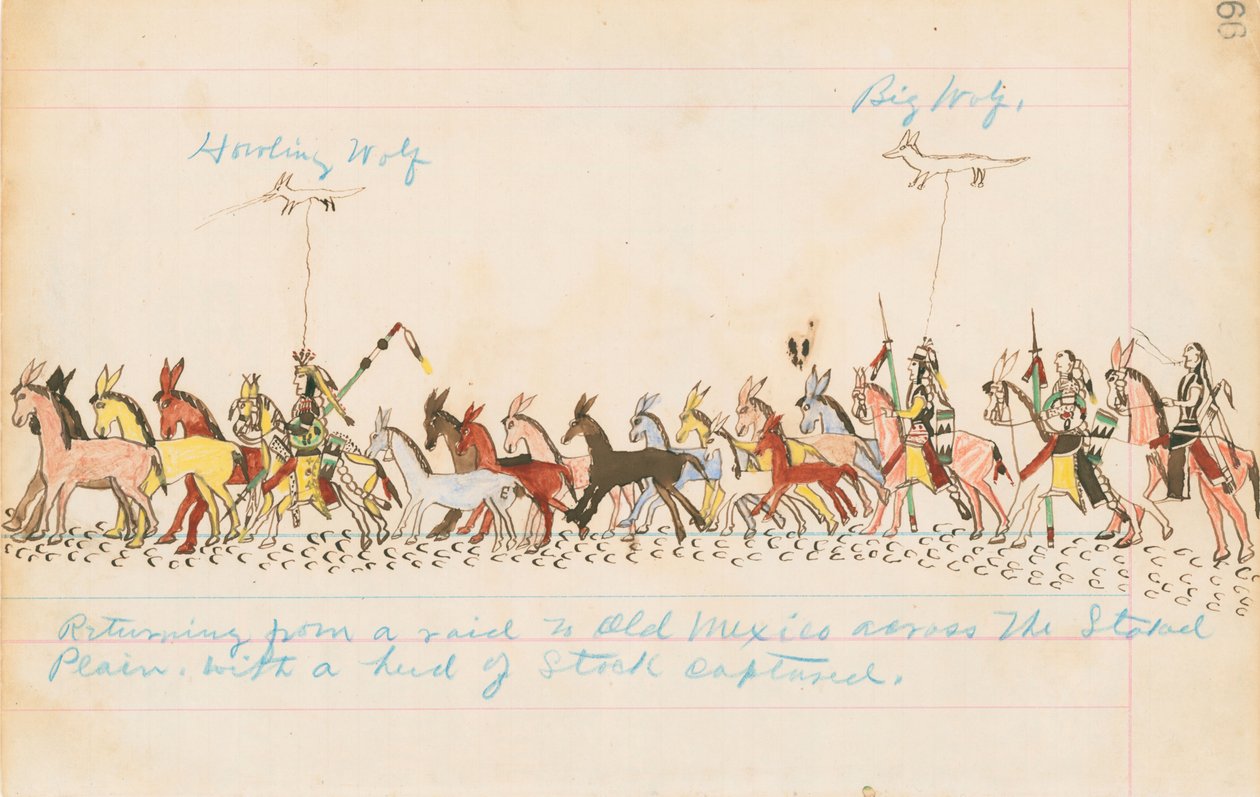 Retur fra et raid til Old Mexico over stakedslettene med en flokk fanget, 1874-75 (penn, blekk og wc på hovedbokpapir) av Howling Wolf