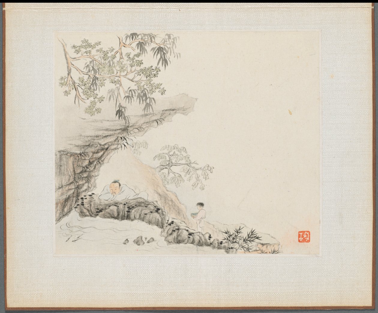 Album med landskapsmalerier som illustrerer gamle dikt: En mann ligger under et steinete overheng, 1700-tallet. av Hua Yan