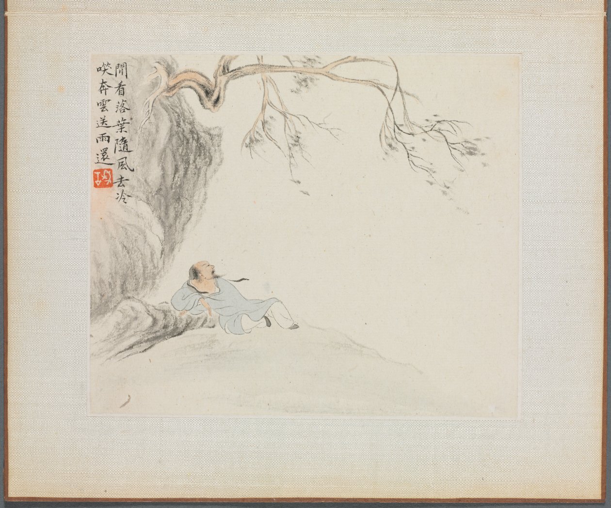 Album med landskapsmalerier som illustrerer gamle dikt: A Man Reclines..., 1700-tallet. av Hua Yan
