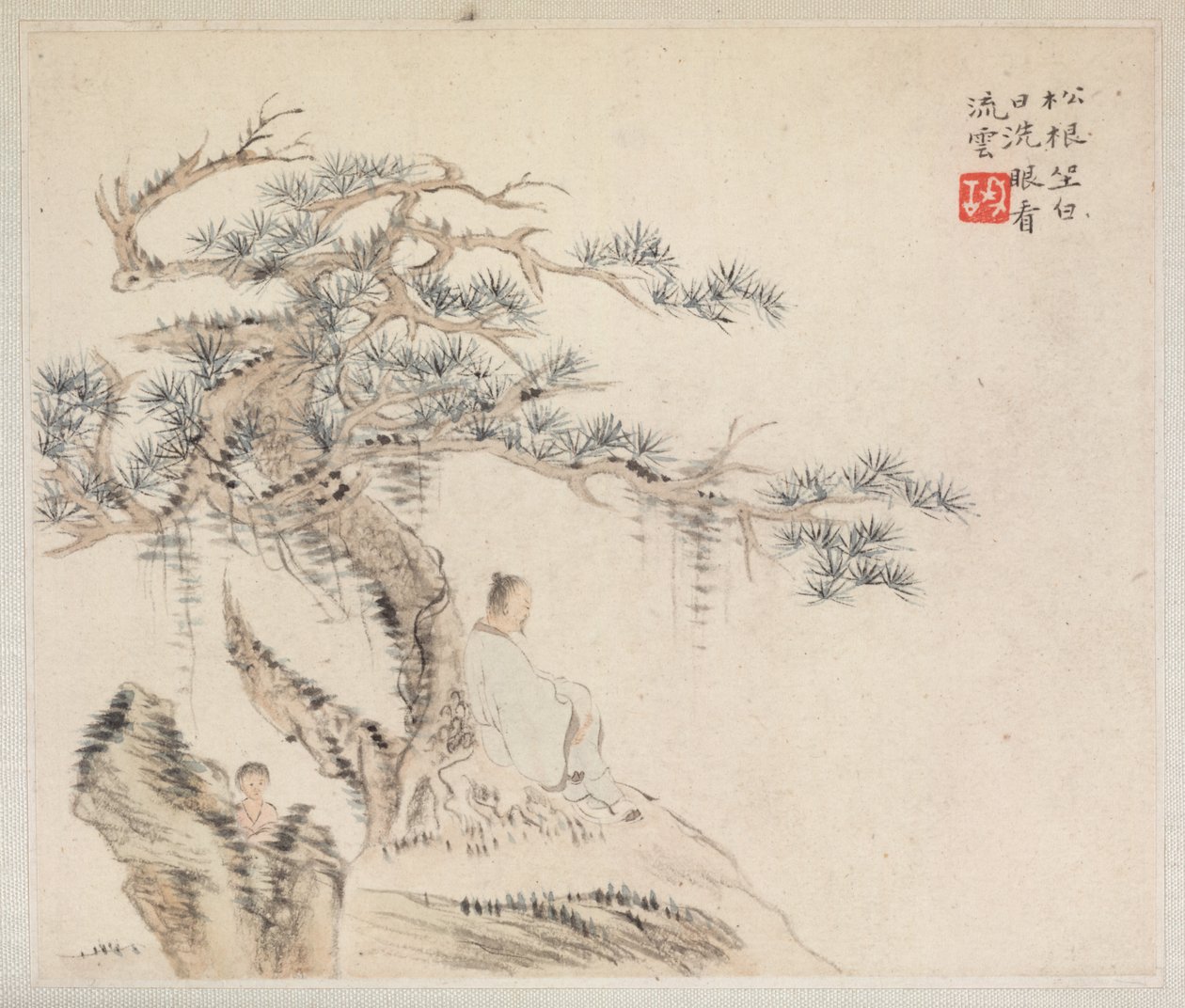 Album med landskapsmalerier som illustrerer gamle dikt: En gammel mann sitter under et furutre..., 1700-tallet. av Hua Yan
