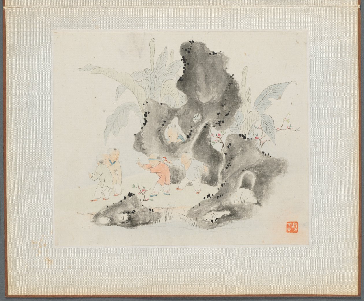 Album med landskapsmalerier som illustrerer gamle dikt: Children Play in a Rocky Grove, 1700-tallet. av Hua Yan