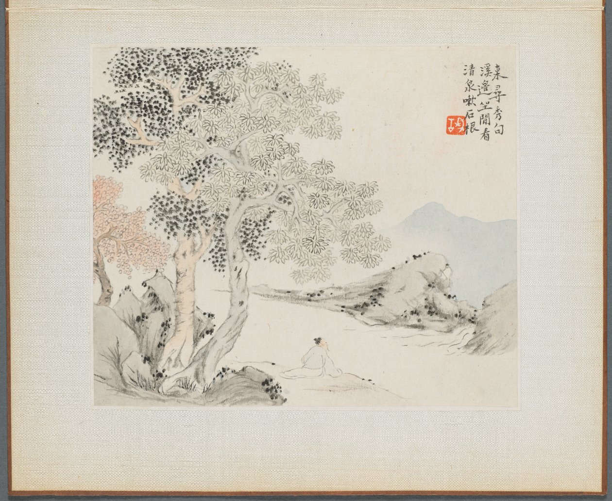 Album med landskapsmalerier som illustrerer gamle dikt: Three Big Trees, a Stream..., 1700-tallet. av Hua Yan