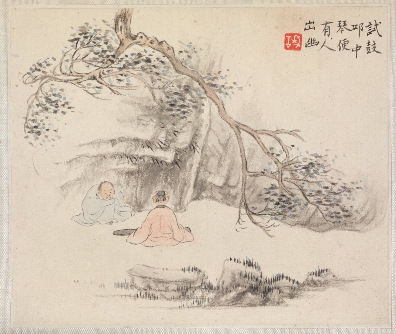 Album med landskapsmalerier som illustrerer gamle dikt: To figurer utenfor..., 1700-tallet. av Hua Yan