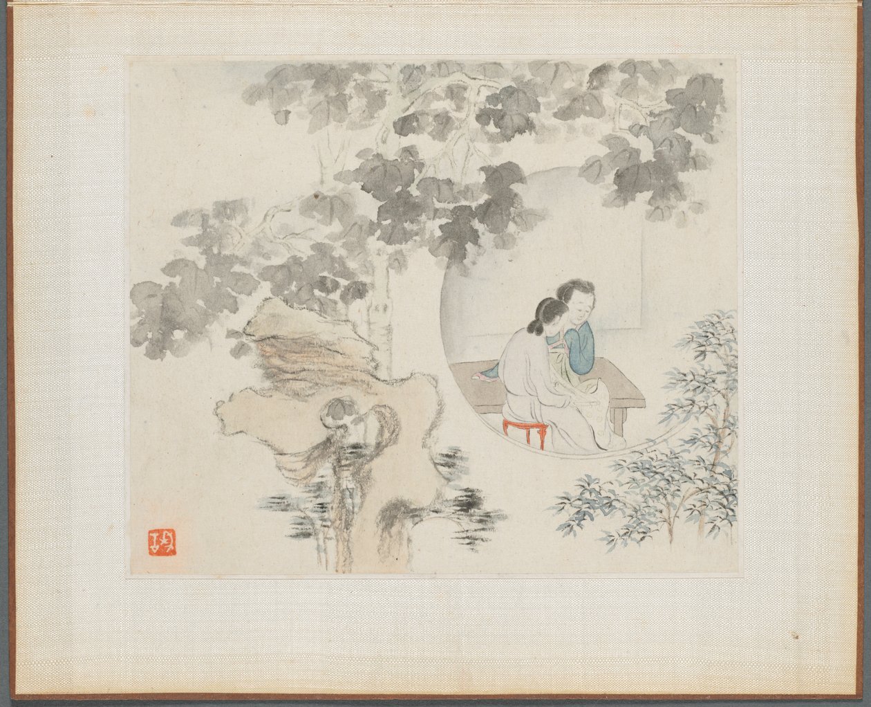 Album med landskapsmalerier som illustrerer gamle dikt: To kvinner sitter ved et bord..., 1700-tallet. av Hua Yan