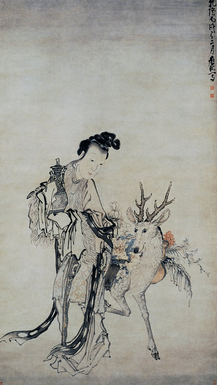 Ma-gu holder en vase, med en hjort av Huang Shen