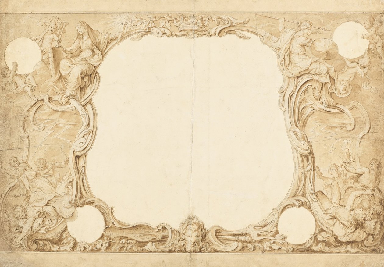 Design for en prydgrense, brukt til omgivelsene til det generelle diagrammet i John Pines Tapestry ... av Hubert Francois Gravelot
