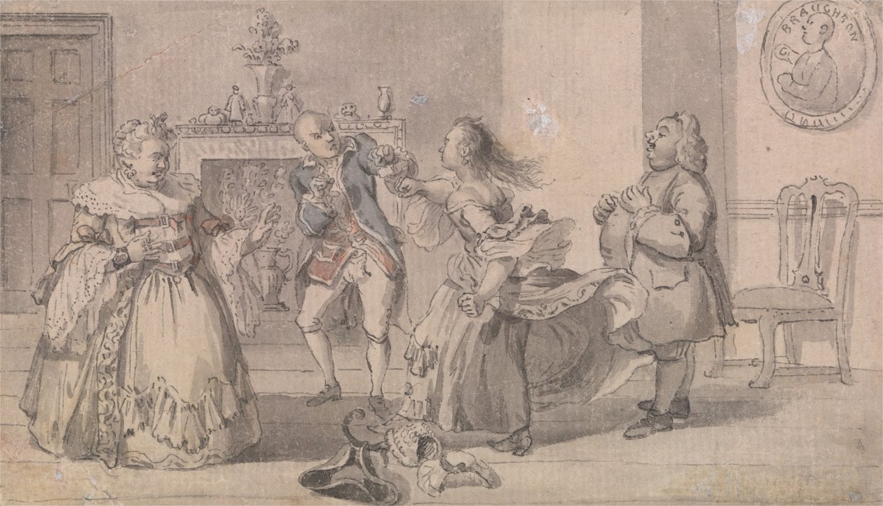 Matrimonial Fisticuffs, med et portrett av Pugilisten John Broughton, i bakgrunnen av Hubert Francois Gravelot