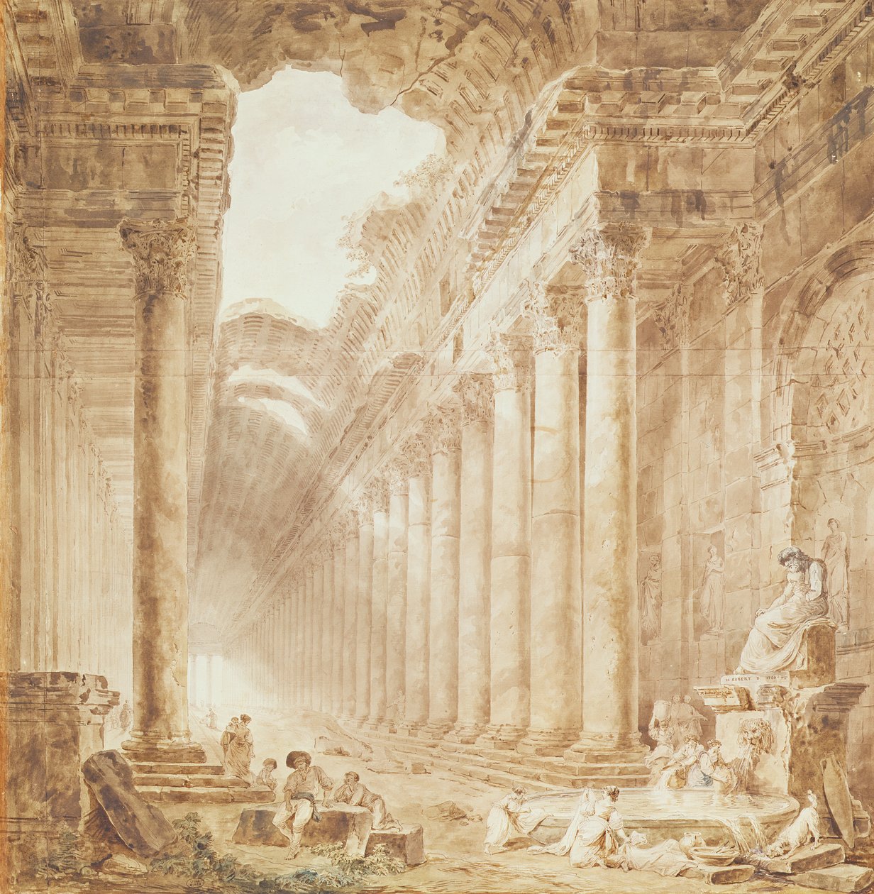 A Colonnade in Ruins, 1780 (penn og blekk og wc på papir) av Hubert Robert