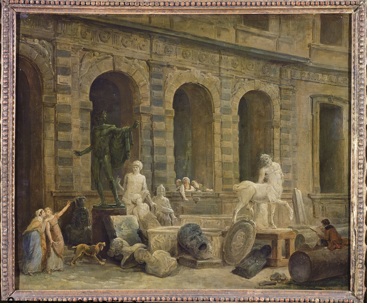 En mann som tegner antikviteter foran Petite Galerie of Louvre, 1781 av Hubert Robert