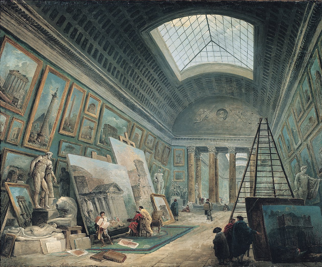 Et museumsgalleri med gammel romersk kunst, før 1800 av Hubert Robert