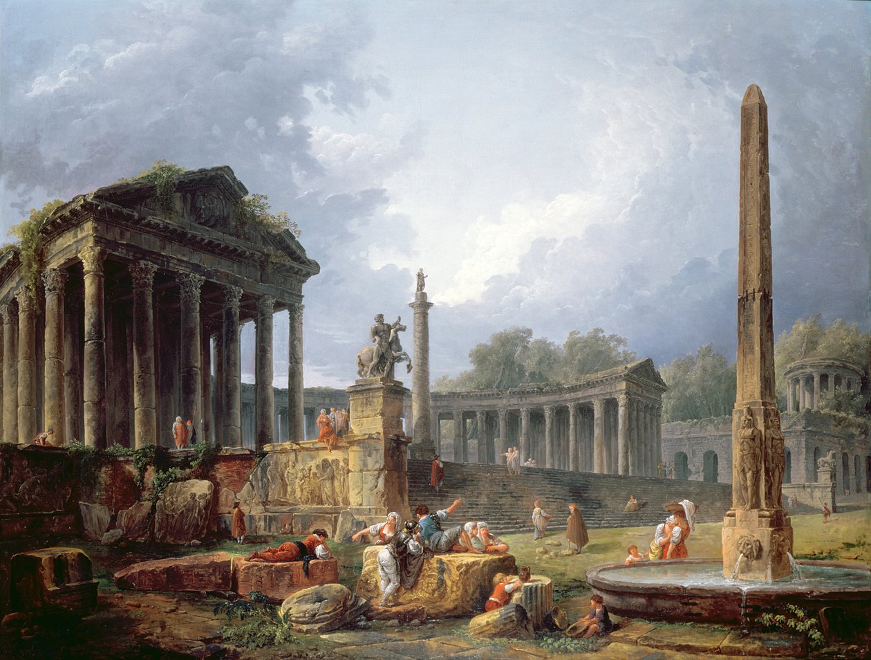 Arkitektonisk capriccio med obelisk, 1768 av Hubert Robert
