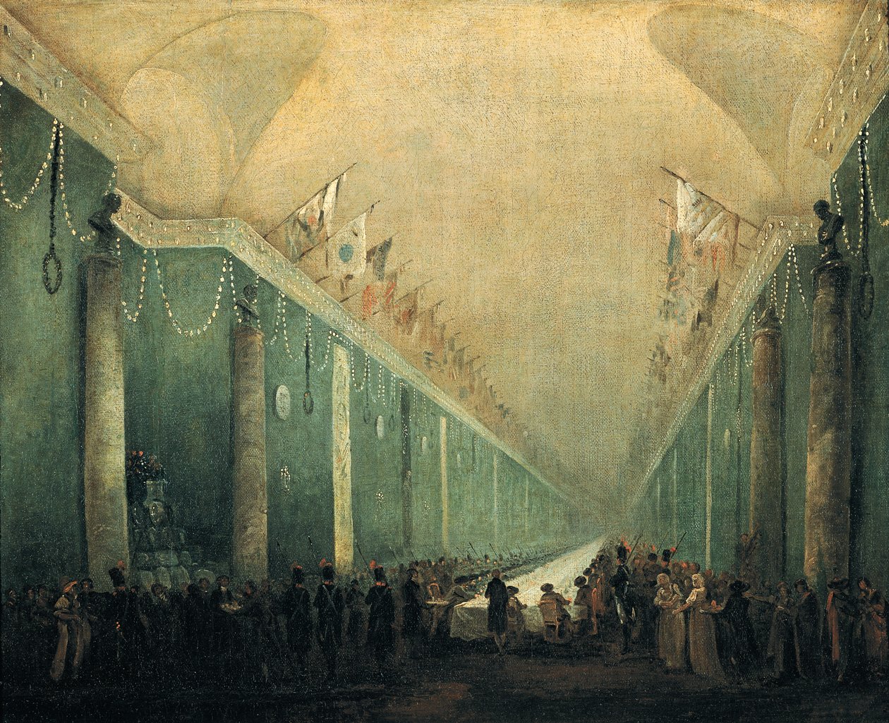 Bankett gitt for Napoleon Bonaparte (1769-1821) i Grande Galerie i Louvre, 20. desember 1797 av Hubert Robert