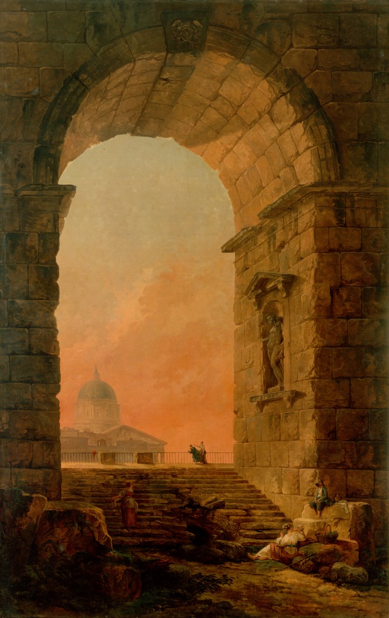 Landskap med en bue og Peterskirken i Roma av Hubert Robert